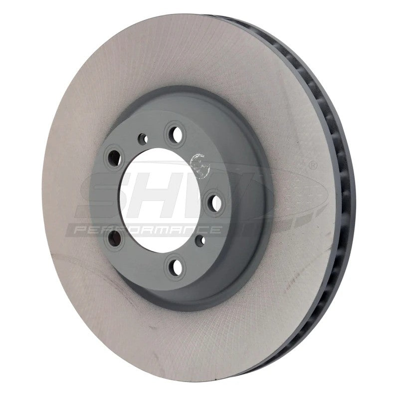 SHW MB Series smooth right front brake rotor for 2017-2025 Porsche Panamera with black calipers.