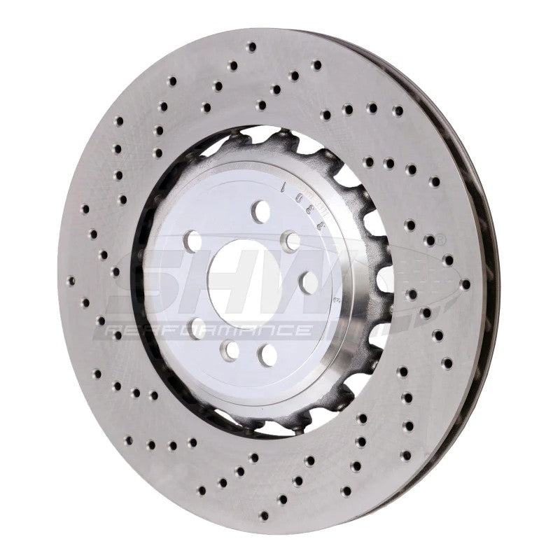 SHW Performance left rear cross-drilled lightweight brake rotor for BMW M5 and M8.