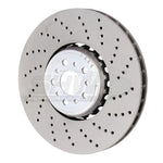 SHW cross-drilled lightweight front right brake rotor with aluminum center hat and vented friction surface for BMW M5.