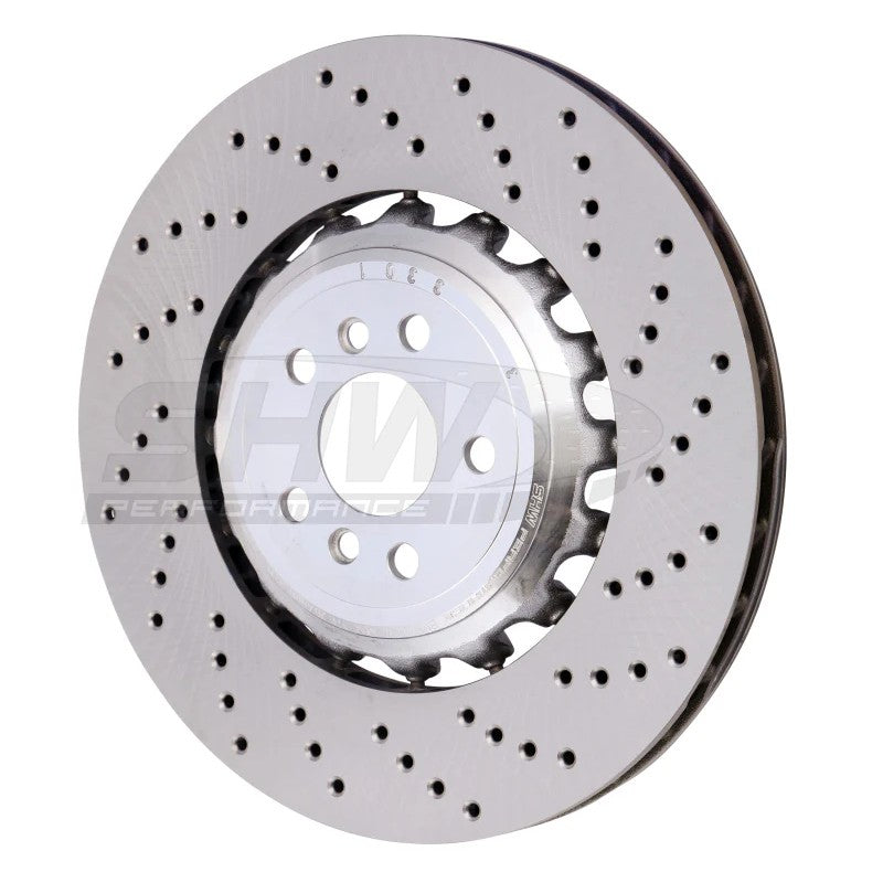 SHW cross-drilled lightweight brake rotor for the right rear position on a 2018-2025 BMW M5 or M8.