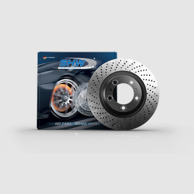 SHW cross-drilled monobloc front right brake rotor for 2.7L Porsche Boxster and Cayman.