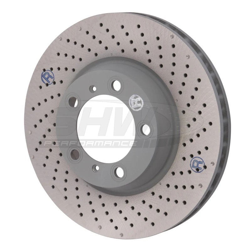 SHW drilled and dimpled right front brake rotor for 2001-2012 Porsche 911 models without ceramic brakes.
