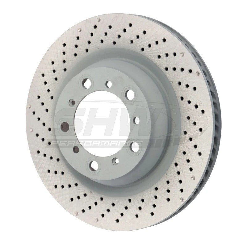 SHW Left Rear Drilled MB performance brake rotor for select Porsche 718 and Cayman models without ceramic brakes.