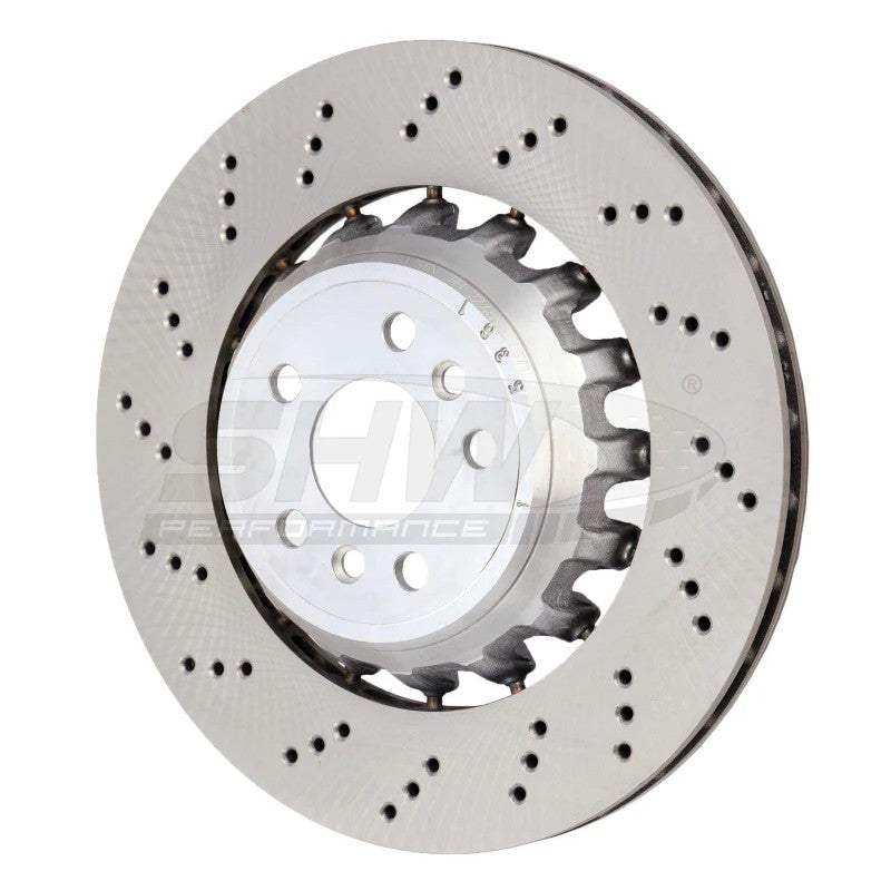 SHW left rear cross-drilled lightweight brake rotor for 2020-2025 BMW X3 M and X4 M.