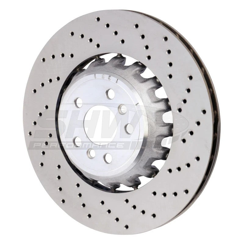 SHW right rear cross-drilled lightweight brake rotor for 2020-2025 BMW X5 and X6.