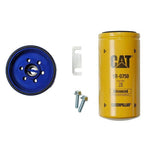 Blue anodized Sinister Diesel billet aluminum fuel filter adapter kit with a yellow Caterpillar 2-micron spin-on filter.