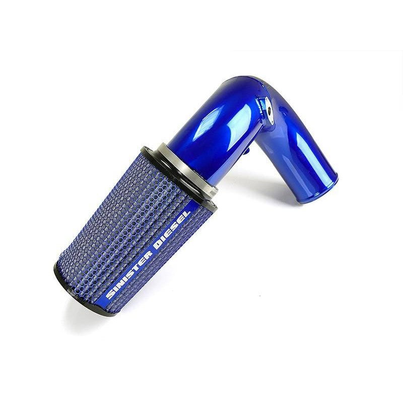 Sinister Blue powder-coated aluminum cold air intake tube with oversized reusable cotton filter for 5.9L Cummins engines.