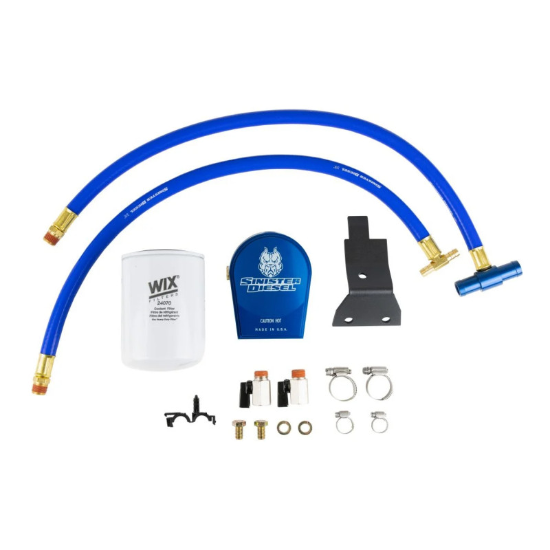 Sinister Diesel coolant filtration kit featuring blue anodized block, Wix filter, and hoses for Ford 6.0L Powerstroke.