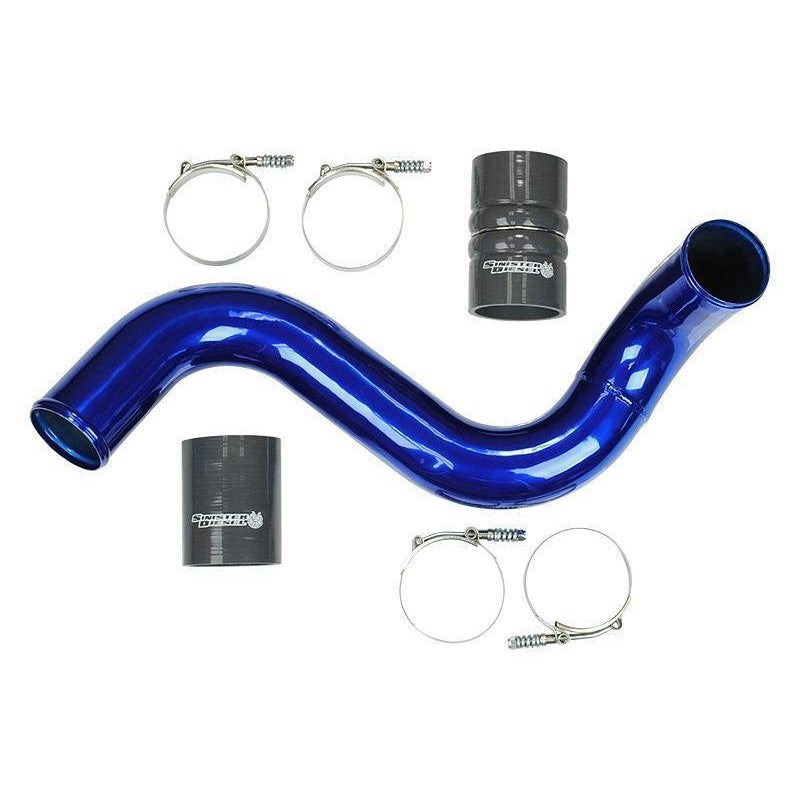 Sinister Blue powdercoated 3-inch aluminum cold side charge pipe with black silicone boots and stainless steel spring clamps
