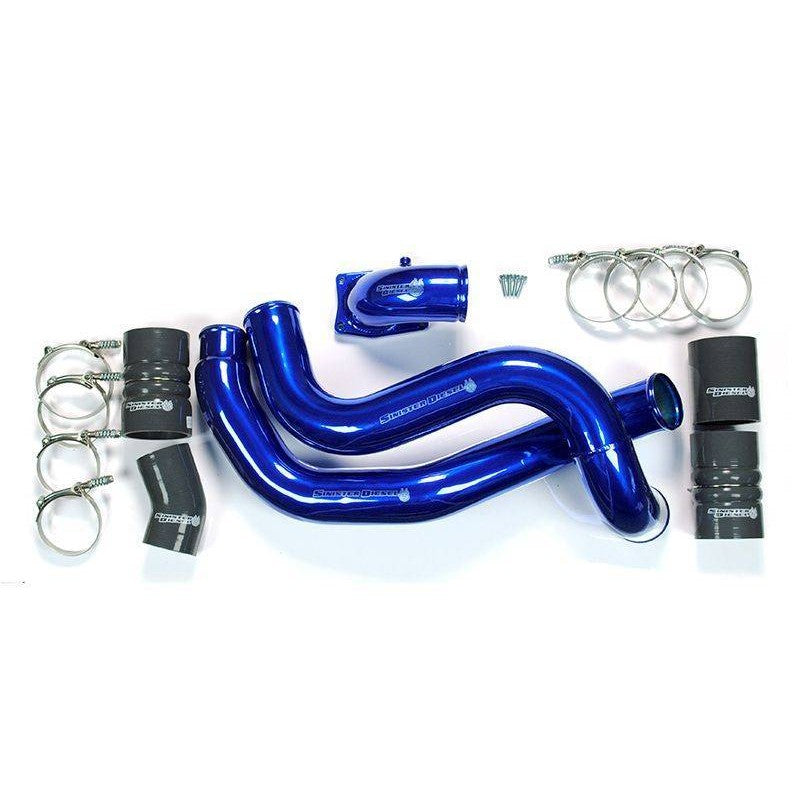 Polished Sinister Blue 3-inch aluminum intercooler pipes and intake elbow with 4-ply silicone boots for 6.0L Powerstroke.