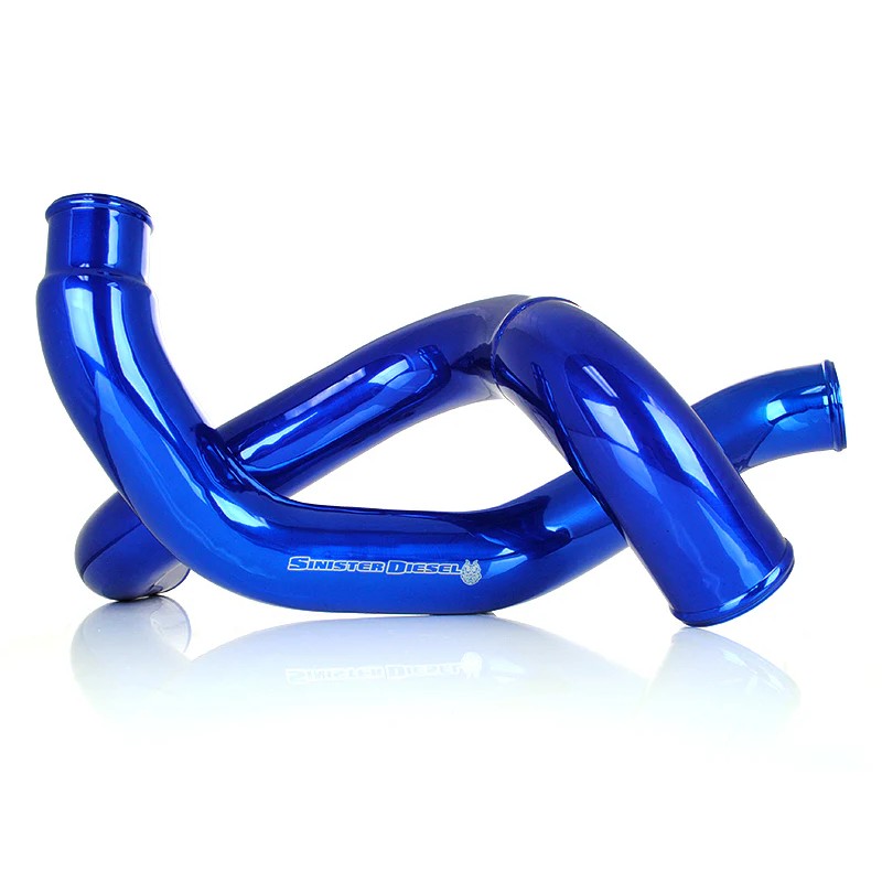 Sinister Blue powdercoated 3-inch aluminum intercooler charge pipes with blue 4-ply silicone boots and stainless clamps.