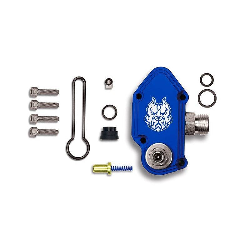 Anodized blue billet aluminum adjustable fuel pressure regulator housing with blue spring and hardware for 6.0L Powerstroke.
