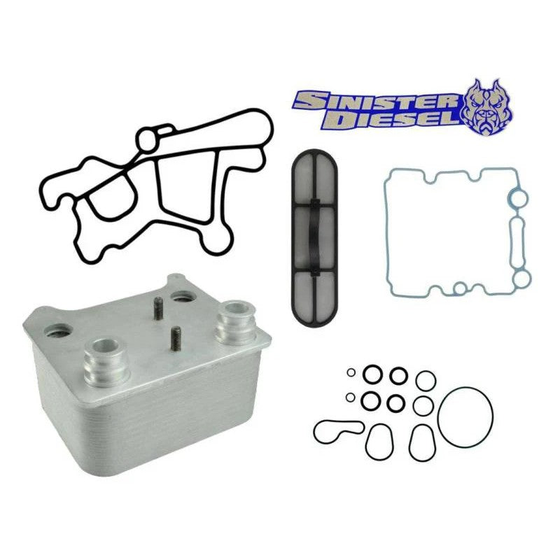 Sinister Diesel aluminum oil cooler kit with gaskets and O-rings for 2003-2007 Ford 6.0L Powerstroke engines.