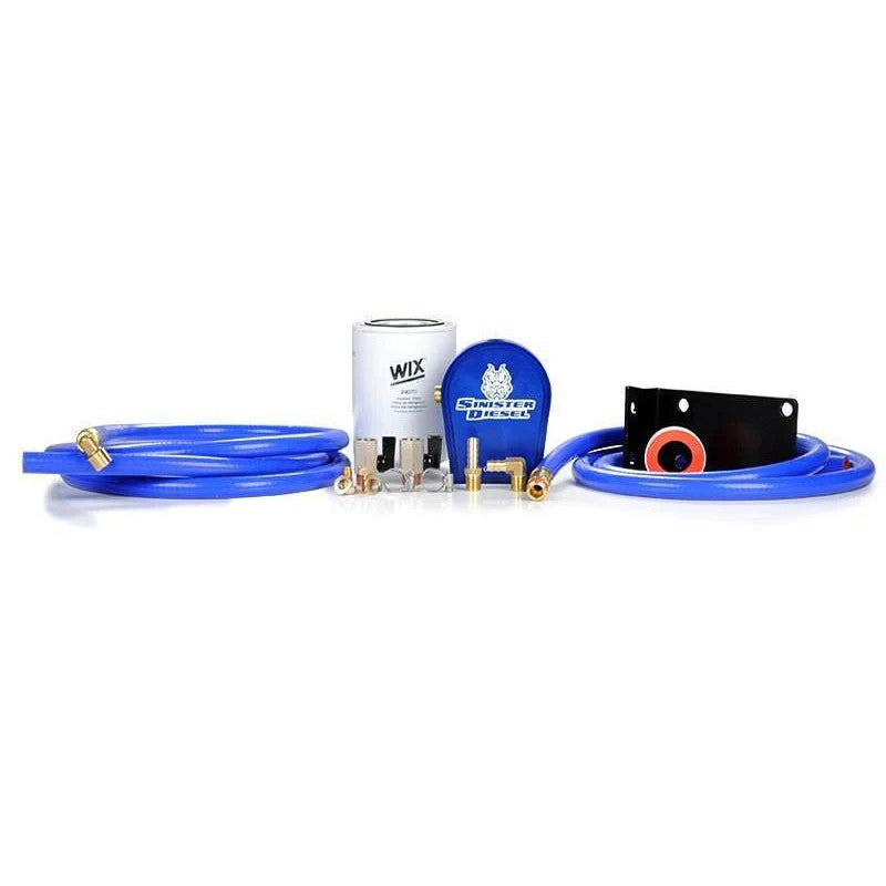 Sinister Diesel coolant filtration kit featuring blue silicone hoses and a Wix filter for 6.7L Cummins engines.