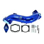 Sinister Blue powder coated aluminum intake bridge with CNC billet flanges and resonator block-off plate.