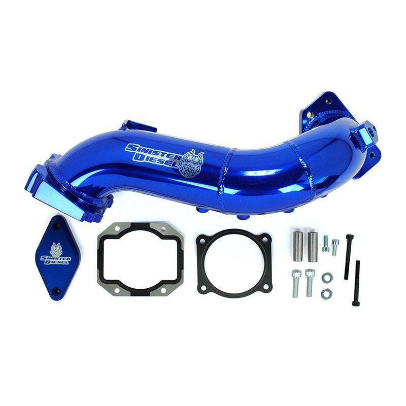 Sinister Blue powder coated aluminum intake bridge with CNC billet flanges and resonator block-off plate.