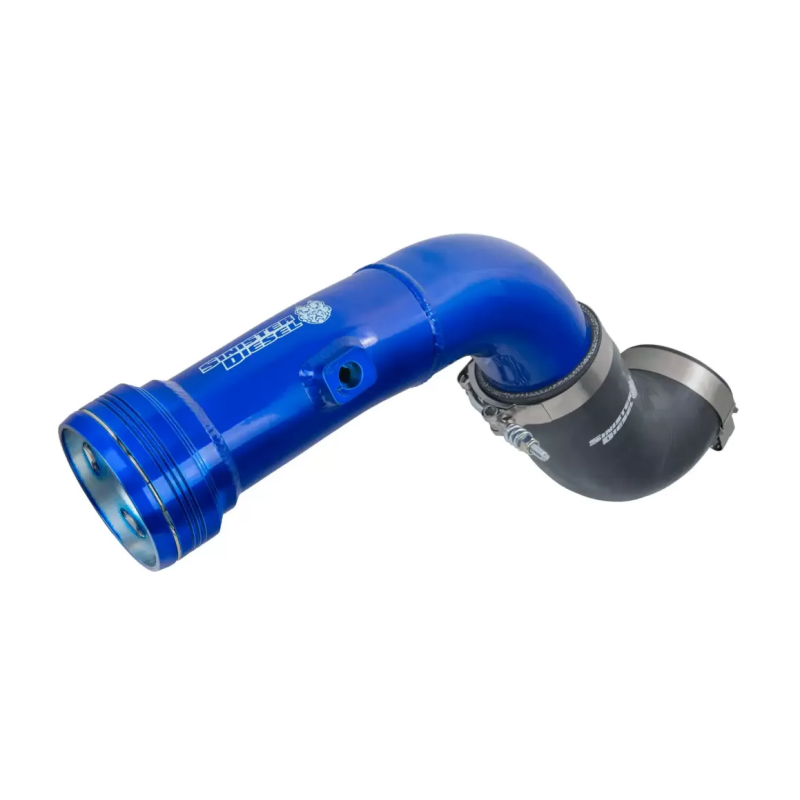 Sinister Blue powder-coated aluminum cold side intercooler pipe with black silicone boots and T-bolt clamps.