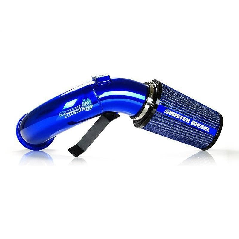 Sinister Blue powder-coated aluminum intake tube with an oversized reusable cotton filter and blue silicone couplers.