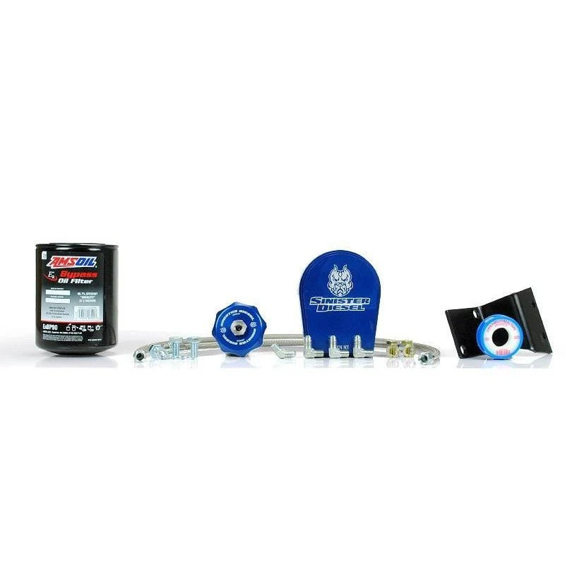Sinister Diesel oil bypass system with blue billet aluminum oil cap, filter block, and stainless steel braided lines.