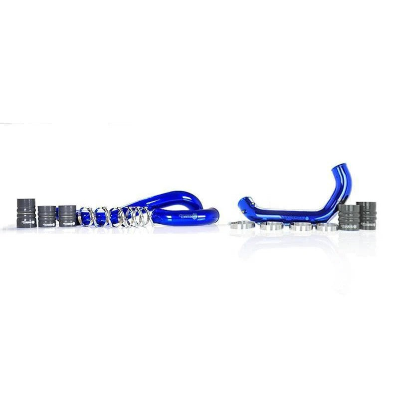 Sinister Blue powdercoated aluminum intercooler charge pipes with black silicone boots and stainless steel clamps.