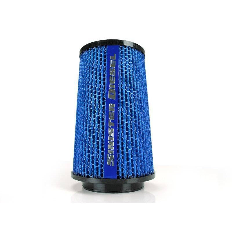 Sinister Diesel replacement air filter featuring blue honeycomb mesh guard and a 4-inch silicone inlet flange.