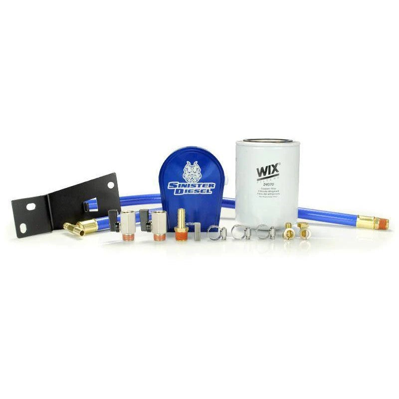 Blue anodized aluminum coolant filter block with Wix filter and silicone hoses for 1999-2003 Ford 7.3L Powerstroke.