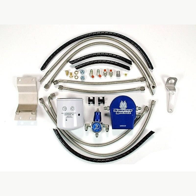 Sinister Diesel blue anodized fuel return kit with braided stainless steel lines and oil-filled pressure gauge.