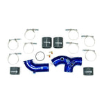 Sinister Blue powder-coated aluminum intake elbow for 7.3L Powerstroke with silicone boots and hardware.
