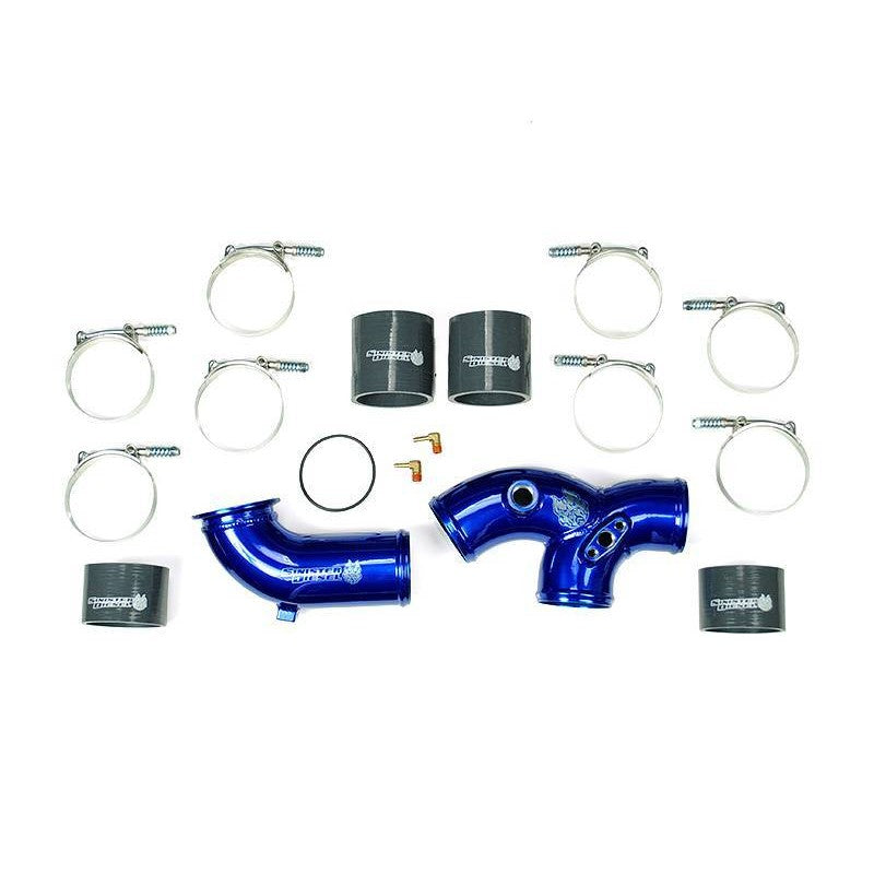 Sinister Blue powder-coated aluminum intake elbow for 7.3L Powerstroke with silicone boots and hardware.