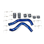 Sinister Blue powder-coated stainless steel intercooler charge pipes with 4-ply silicone boots and stainless clamps