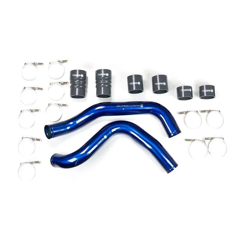 Sinister Blue powder-coated stainless steel intercooler charge pipes with 4-ply silicone boots and stainless clamps