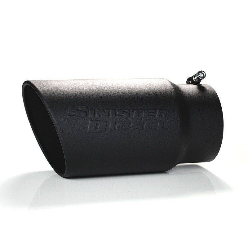 Sinister Diesel black ceramic coated 304 stainless steel exhaust tip with 5-inch inlet and 6-inch rolled outlet edge.