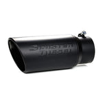 Sinister Diesel black ceramic 304 stainless steel exhaust tip with 4-inch inlet and 5-inch rolled outlet edge.