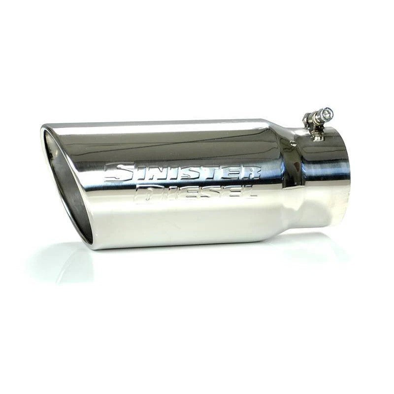 Polished 304 stainless steel 5-inch to 6-inch exhaust tip with rolled edge and stamped Sinister Diesel logo.
