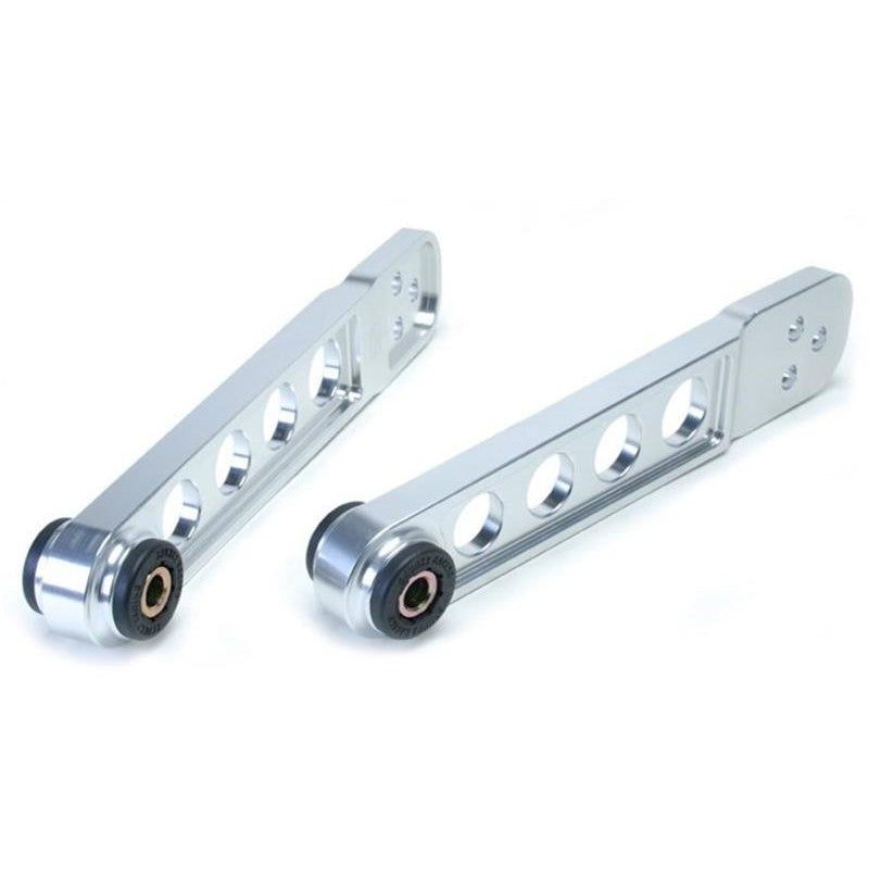 Clear anodized forged 2024 aluminum Skunk2 rear lower control arms with polyurethane bushings for 2001-2005 Honda Civic.