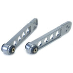 Pair of Skunk2 hard anodized rear lower control arms for 2001-2005 Honda Civic with polyurethane bushings and socket tool.