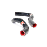 Two black silicone radiator hoses with red interior lining and Skunk2 logo for 2002-2006 Acura RSX.