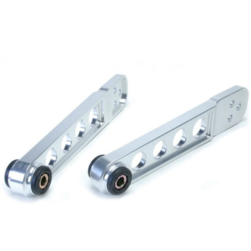 Pair of Skunk2 clear anodized forged aluminum rear lower control arms with included socket tool and mounting hardware.