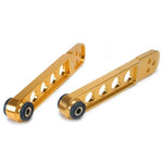 Skunk2 gold anodized forged aluminum rear lower control arm set with polyurethane bushings and socket tool.