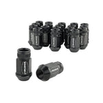 Set of 20 Skunk2 black anodized forged 7075 aluminum lug nuts with knurled ends and M12x1.25 threads.