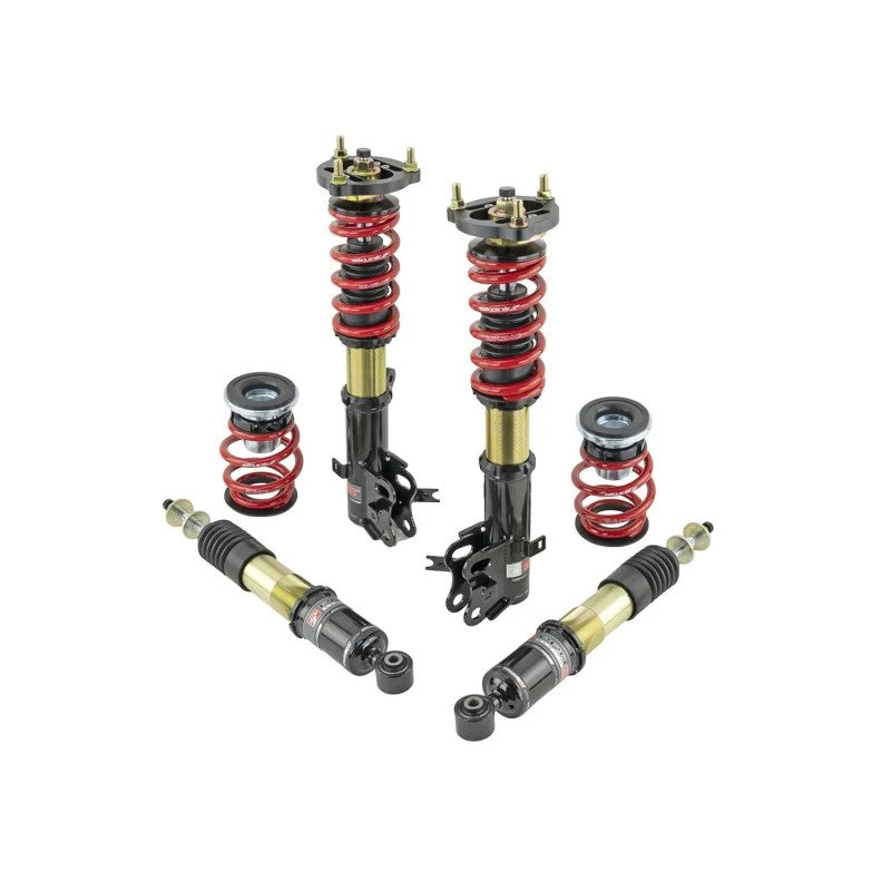 Skunk2 Pro ST gold zinc-plated mono-tube coilovers with red linear springs for 2014-2015 Honda Civic.