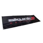 Skunk2 5 foot vinyl shop banner in black featuring the classic white and red logo with double-stitched edges.