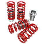 Skunk2 Adjustable Coilover Sleeve Kit featuring red racing springs, aluminum sleeves, and forged perches for Honda and Acura.