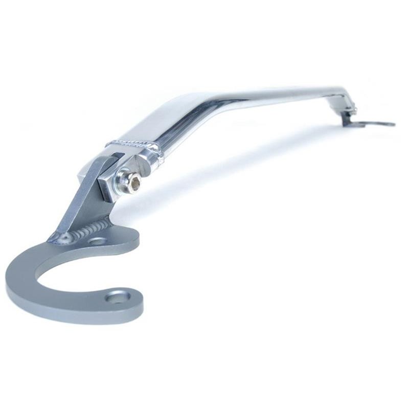 Polished 6061 aluminum Skunk2 front upper strut tower bar with black hard-anodized mounting brackets.