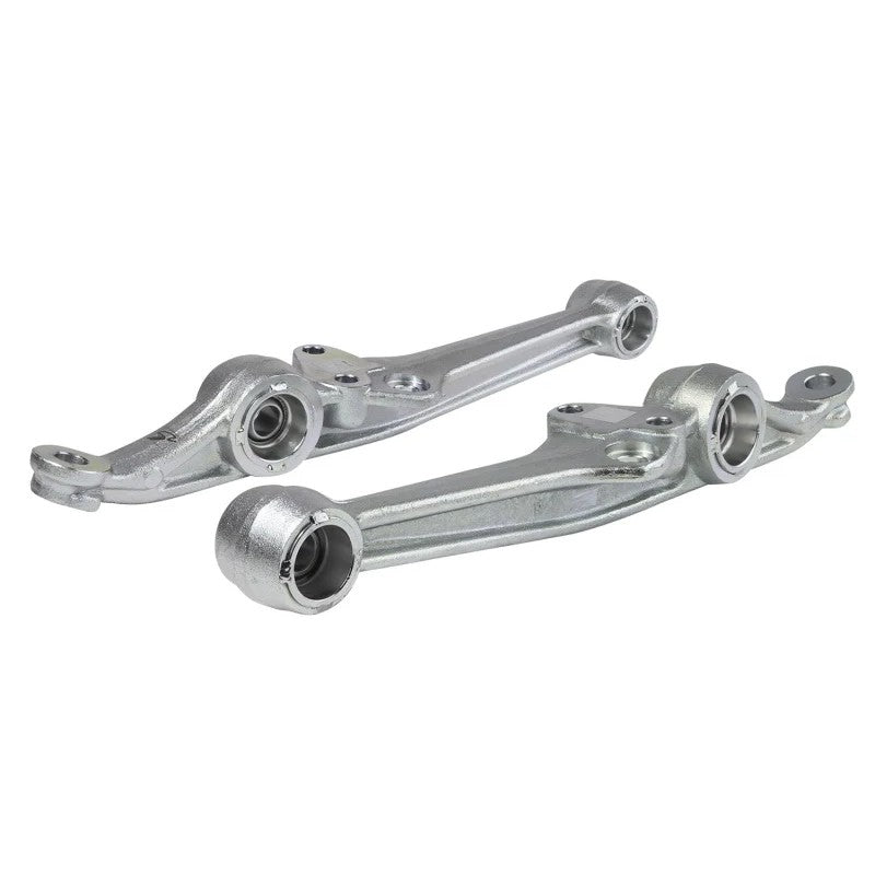 A pair of Skunk2 yellow zinc plated front lower control arms with TIG welded spherical bearing cups and steel bushings.
