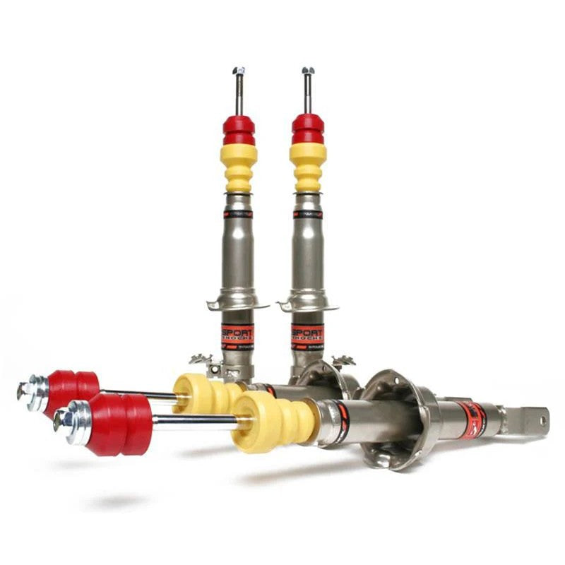 Set of four silver Skunk2 Sport Shocks with chrome-plated shafts and polyurethane bushings for 1988-1991 Honda Civic and CRX.