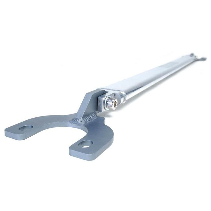 Polished Skunk2 6061 aluminum rear upper strut tower bar with black hard-anodized brackets and nameplate.