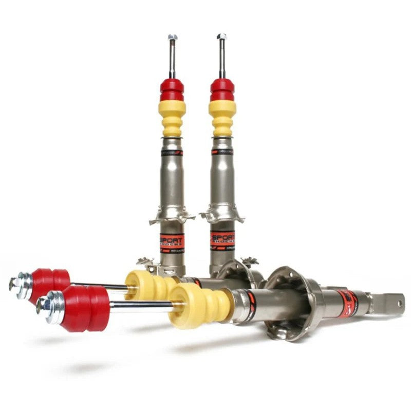 Set of four Skunk2 Sport Shocks with hardened chrome-plated shafts and polyurethane bushings.