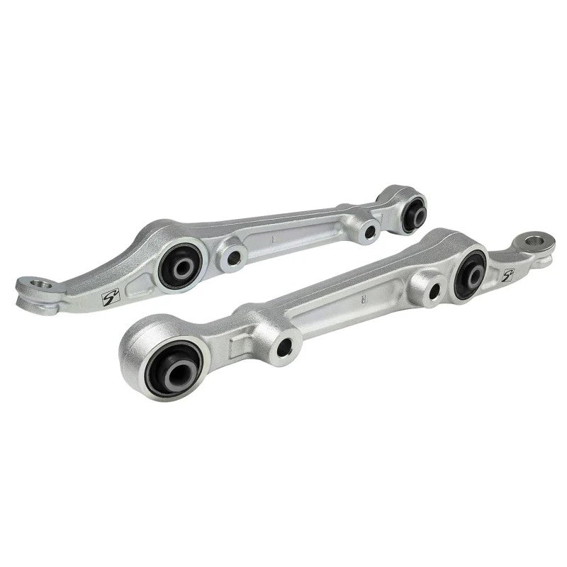 Pair of yellow zinc plated Skunk2 front lower control arms with black hard rubber bushings for 1992-2001 Civic and Integra.