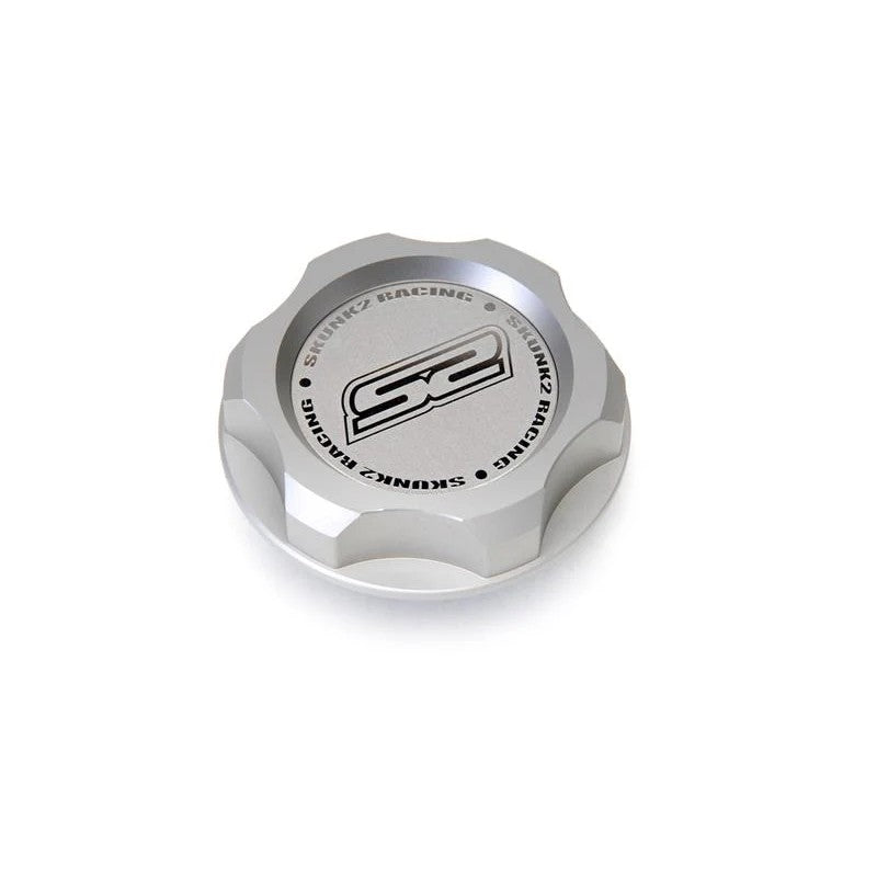 Polished billet aluminum Skunk2 oil cap with M33 x 2.8 threads and acid-etched logo